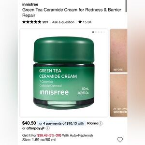 innisfree Green Tea Ceramide Cream for Redness & Barrier Repair